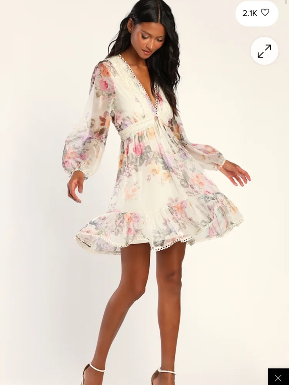 Lulu's Sweetness Season Ivory Floral Print Long Sleeve Mini Dress